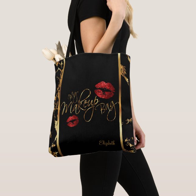 My Makeup Gold Marble Bag - Red Glitter Lips (Close Up)