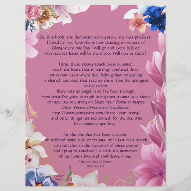 My moms dedication personalised paper (Front)