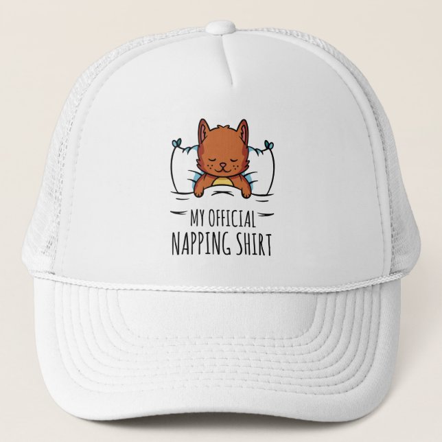 My official napping shirt with sleeping Cat Trucker Hat (Front)