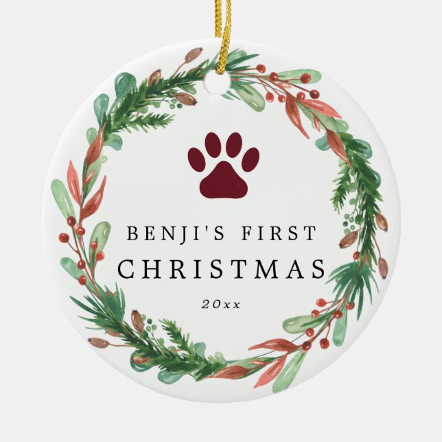 My Pet's First Christmas Wreath Ceramic Ornament (Front)