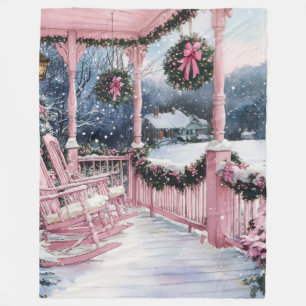 My Pink Country Christmas Porch in Winter Fleece Blanket
