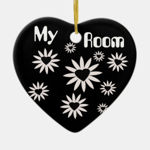My Room, black and white flowers with hearts Ceramic Tree Decoration