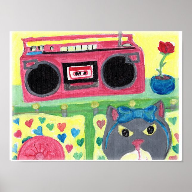 My Room Boombox Girl Cat Folk Art Cute Teen Poster (Front)