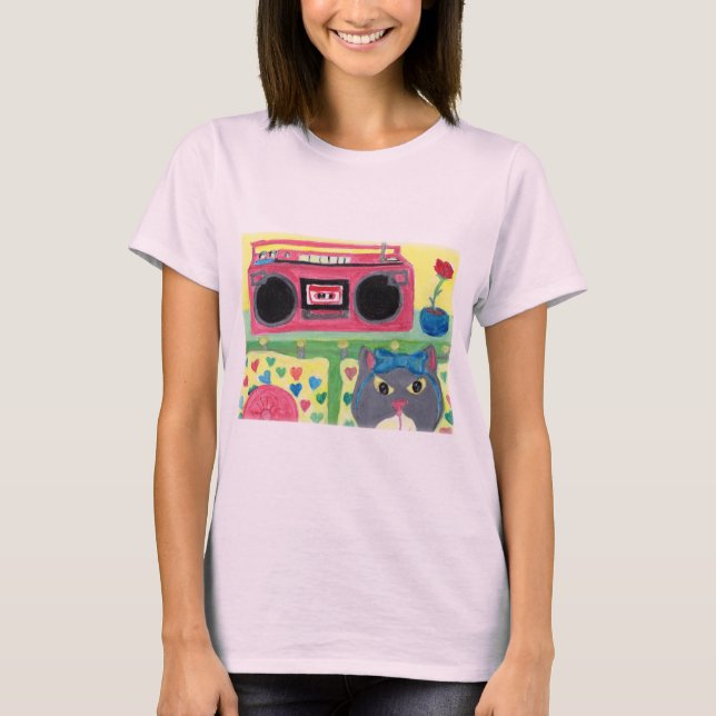 My Room Boombox Girl Cat Folk Art Cute Teen T-Shirt (Front)