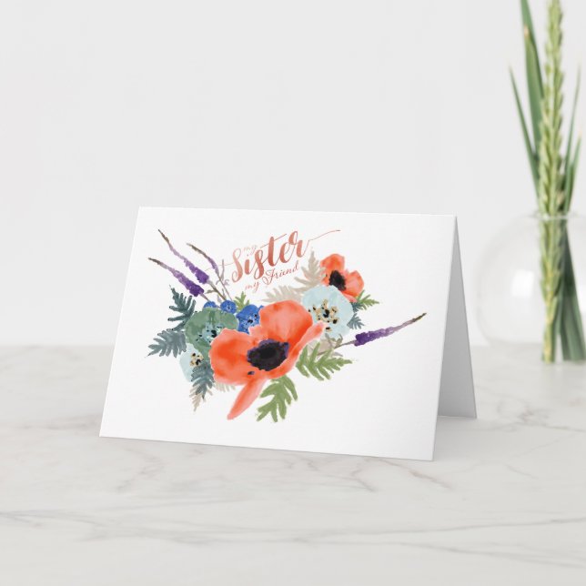 My Sister My Friend Watercolor Flowers Card (Front)