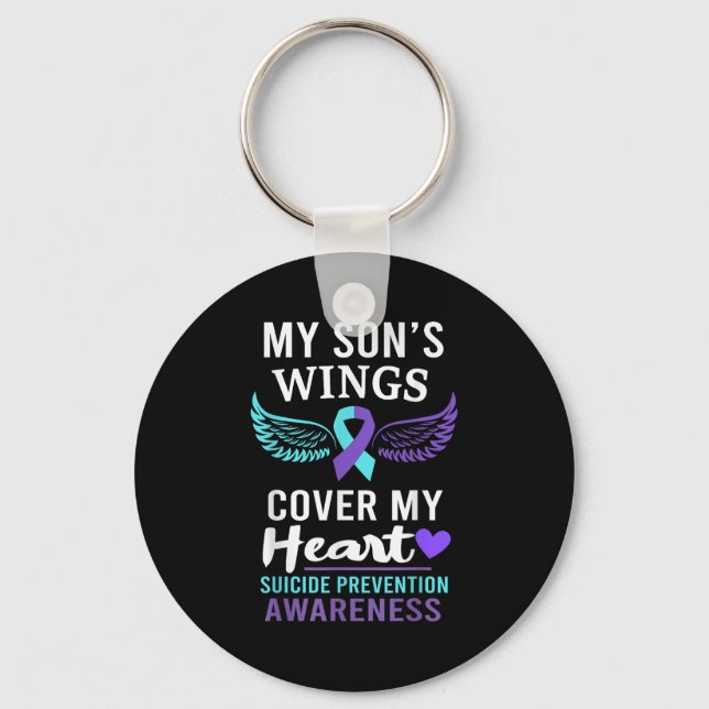 My Son's Wings Cover Heart Suicide Awareness Ribbo Key Ring (Front)