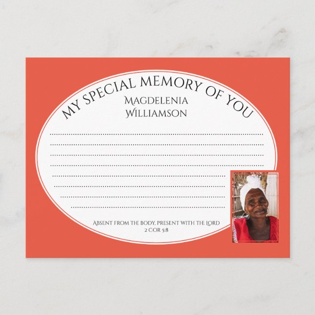 MY SPECIAL MEMORY OF YOU Photo Condolence Card (Front)
