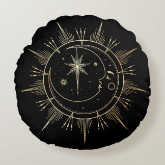My Sun and Moon Celestial Faux Gold Black Round Cushion