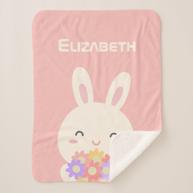 My Sweet Little Bunny and Flowers Pastel Pink Girl Sherpa Blanket (Front)