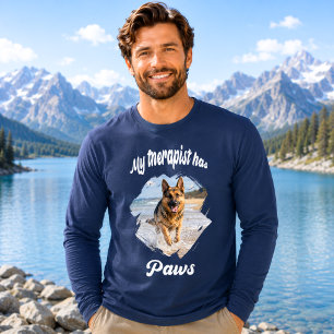My therapist has paws dog photo navy blue Tri-Blend shirt