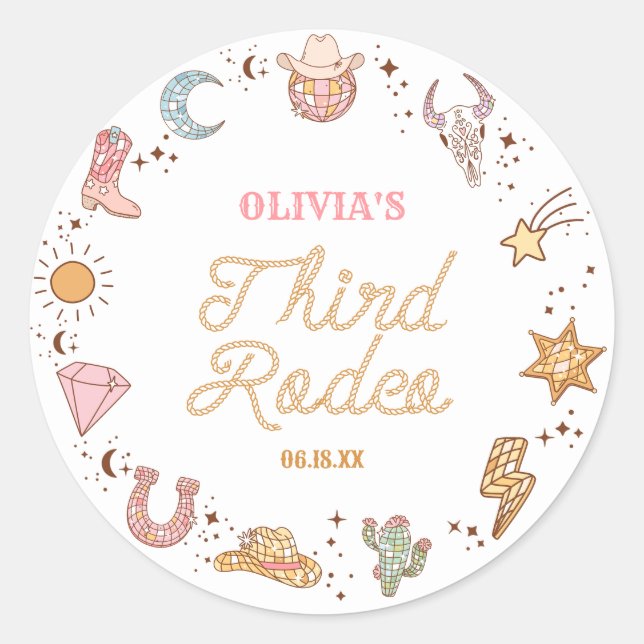 My Third Rodeo Disco Cowgirl 3rd Birthday Party Classic Round Sticker (Front)