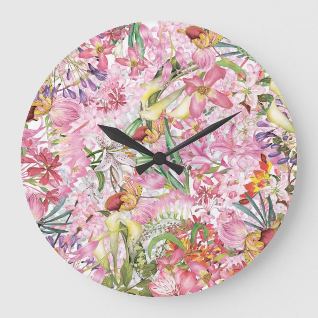 My tropical colourful foliage exotic flower garden large clock (Front)