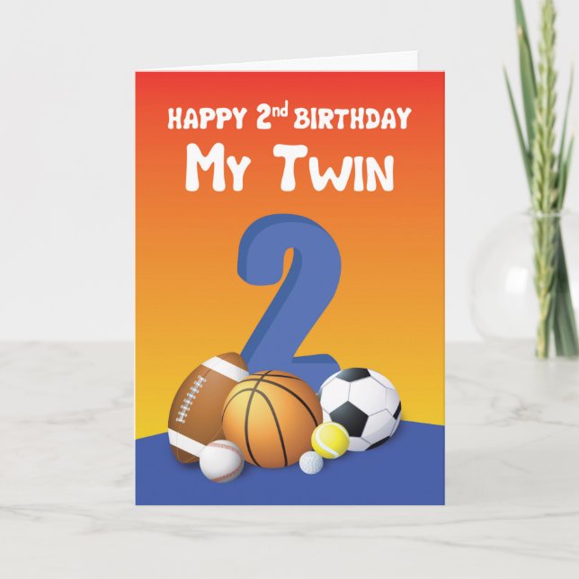 My Twin Brother 2nd Birthday Sports Balls Card (Front)