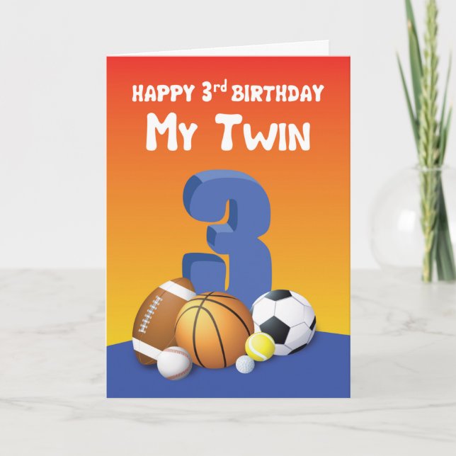 My Twin Brother 3rd Birthday Sports Balls Card (Front)