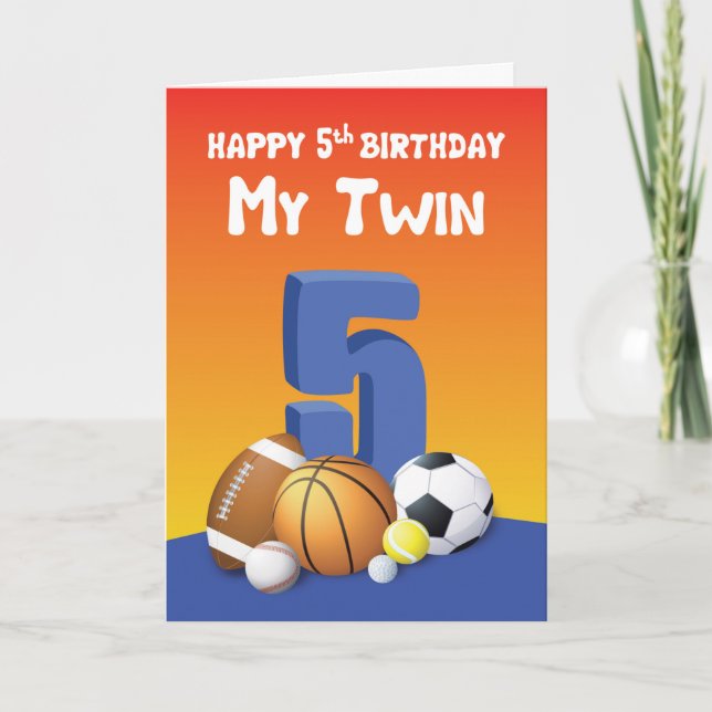 My Twin Brother 5th Birthday Sports Balls Card (Front)