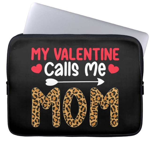 My Valentine Calls Me Mum Leopard Buffalo Plaid Laptop Sleeve (Front)