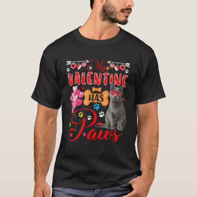 My Valentine Has Paws Cute Chartreux Cat Sunglasse T-Shirt (Front)