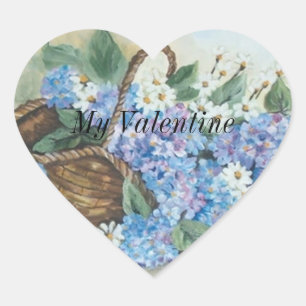 My valentine hydrangeas in straw basket heart sticker