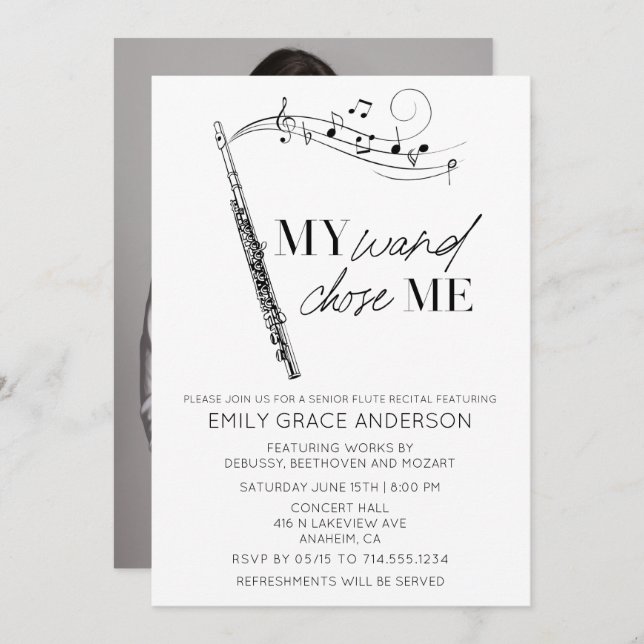 My Wand Chose Me Quote Photo Flute Recital Invitation (Front/Back)