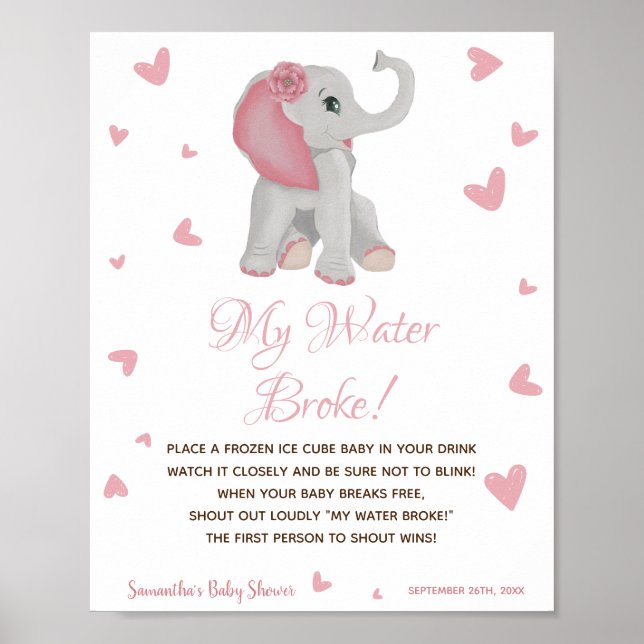 My Water Broke Game Pink Girl Baby Shower Sign (Front)