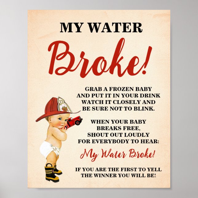 My Water Broke Little Firefighter Baby Shower Game Poster (Front)