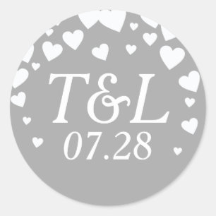 my wedding elegant love hearts grey classic round sticker