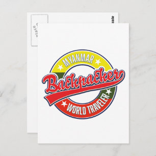 Myanmar backpacker world traveller logo postcard