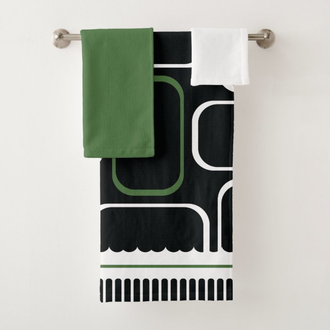 Mydeas | Black & White Green Rectangles Bath Towel Set (Insitu)