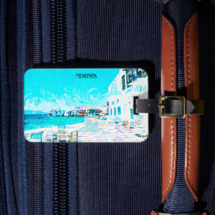 Mykonos Greece Aegean Sea Oil Paint Illustration Luggage Tag