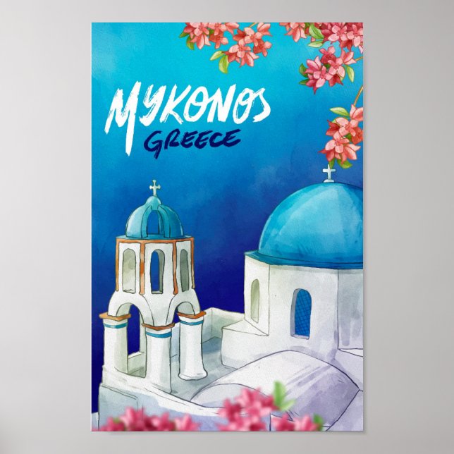 Mykonos Greece Art Watercolor Travel Illustration Poster (Front)