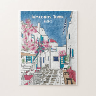 Mykonos Greece Colorful Travel Art Jigsaw Puzzle