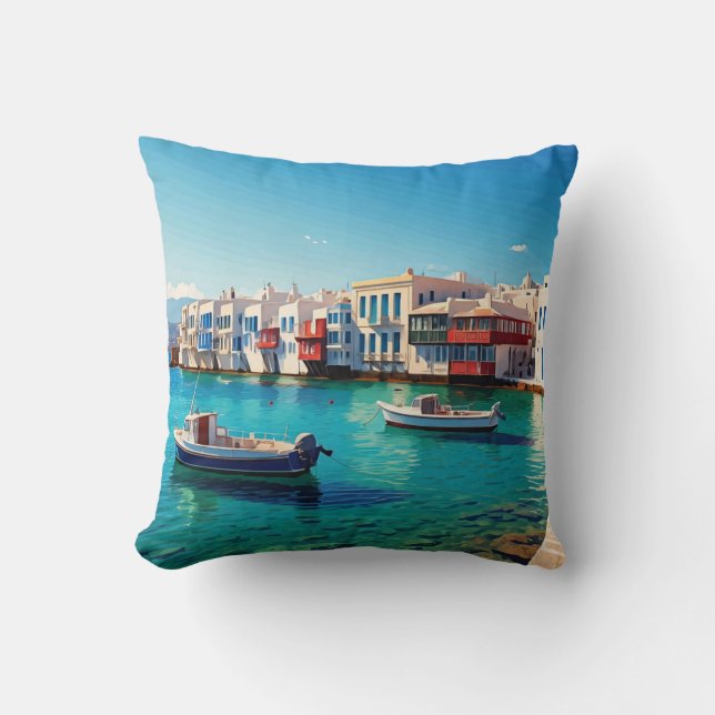Mykonos Greece Greek Islands boats Cushion (Front)
