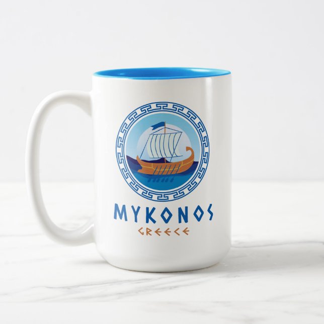 Mykonos, Greece Greek Ship Design Two-Tone Coffee Mug (Left)