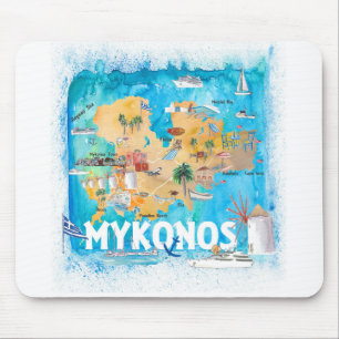 Mykonos Greece Illustrated Map with Landmarks Mouse Pad
