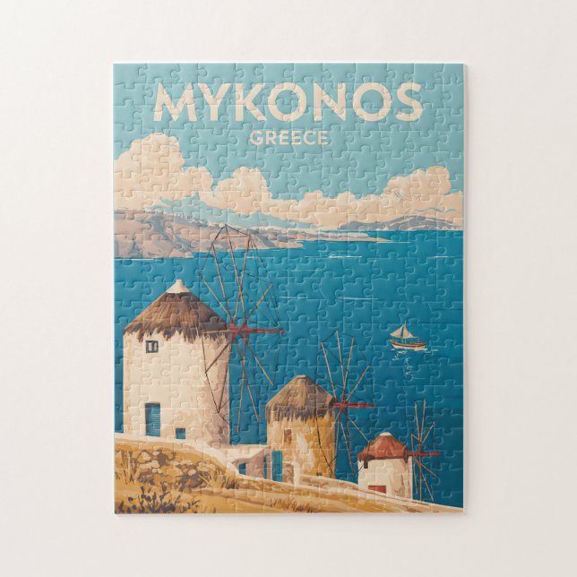 Mykonos Greece Illustration Travel Art Vintage Jigsaw Puzzle (Vertical)