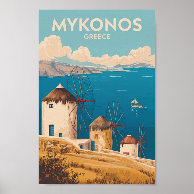 Mykonos Greece Illustration Travel Art Vintage Poster (Front)