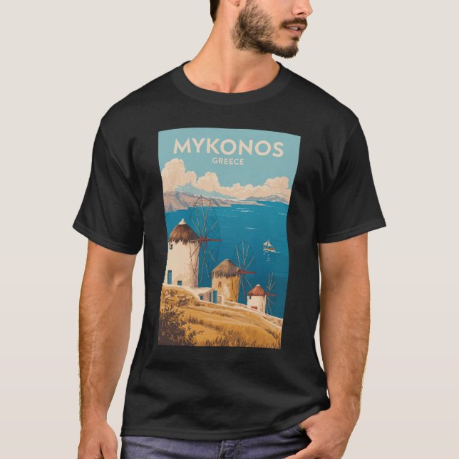 Mykonos Greece Illustration Travel Art Vintage T-Shirt (Front)