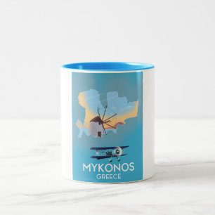 Mykonos Greece Map travel poster Two-Tone Coffee Mug