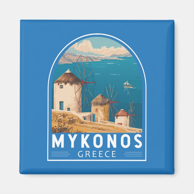 Mykonos Greece Travel Art Emblem Magnet (Front)