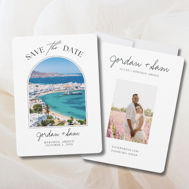 Mykonos Greece Wedding Save the Date Invitation (Mykonos Greece Wedding Photo Save the Date with Engagement picture)
