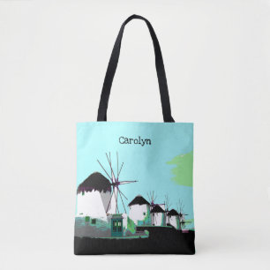 Mykonos Windmills, Cyclades, Greece. Your name. Tote Bag