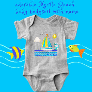 Myrtle Beach, SC Cute Sailboat, Sunshine and Gull Baby Bodysuit