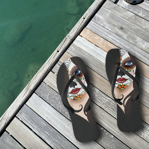 Mysterious Black Elegant Sugar Skull Portrait Jandals