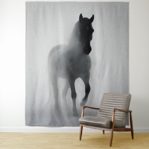Mysterious Black Horse Emerging from Mist Tapestry