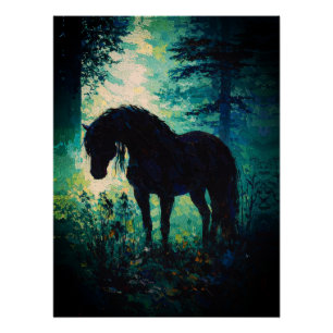 Mysterious Black Horse in Forest Poster