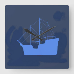 Mysterious Blue Galleon Silhouette at Midnight Square Wall Clock