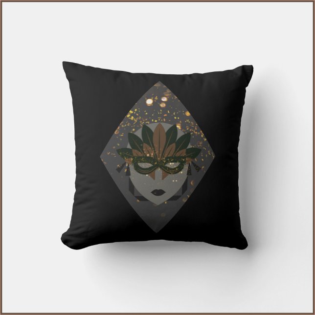Mysterious Bronze & Black Glitter Mask Mardi Gras Cushion (Bookmark my store! https://www.zazzle.com/store/capricepetit)