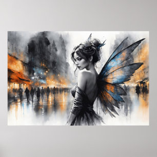 Mysterious fairy misty city glowing ethereal wings poster