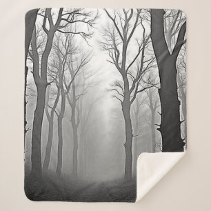 Mysterious Foggy Forest Path Sherpa Blanket