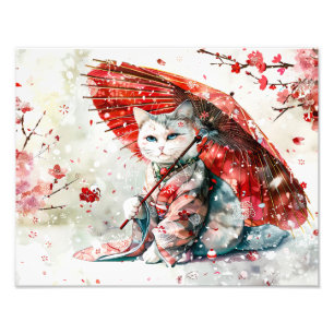Mysterious Geisha Cat with Red Parasol Photo Print